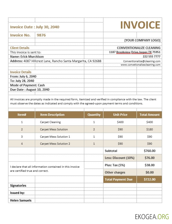 Modèle de facture de service de nettoyage de tapis